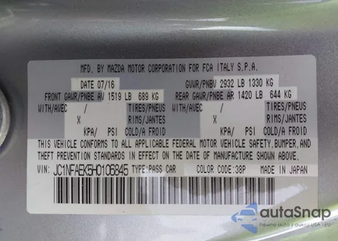 2017 Fiat 124 Spider Classica from USA, damaged, VIN JC1NFAEK5H0106845